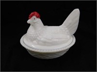 Westmoreland milk glass hen on nest, red comb,
