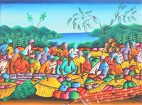 Harold St Jean Haitian Oil on Canvas Market