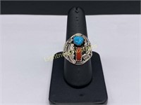 NAVAJO STERLING SILVER CORAL AND TURQUOISE RING