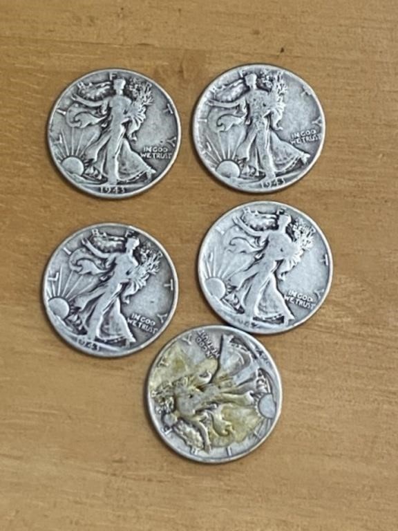 5 Walking Liberty Silver Half Dollars