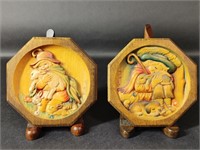 Two Anri Ferrandiz Wall Plaques & Plaque Stands