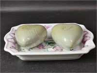 Charles Revson Porcelain Soap Dishes & Two Soaps