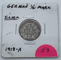 1918-A German Silver 1/2 Mark Coin, Nice