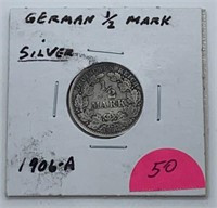 1906-A German Silver 1/2 Mark Coin, Over 100