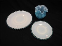 Three Fenton items: two milk glass plates, 8 1/2"