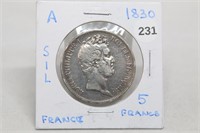 1830 Silver France 5 Franks