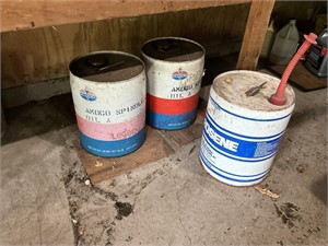 Amoco oil cans-2 full, 1 empty & kerosene can