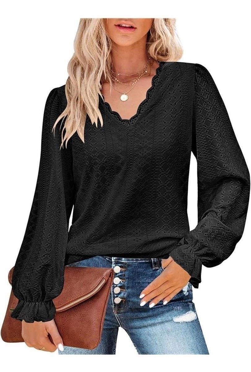 (S) Womens Lace V Neck Puff Long Sleeve