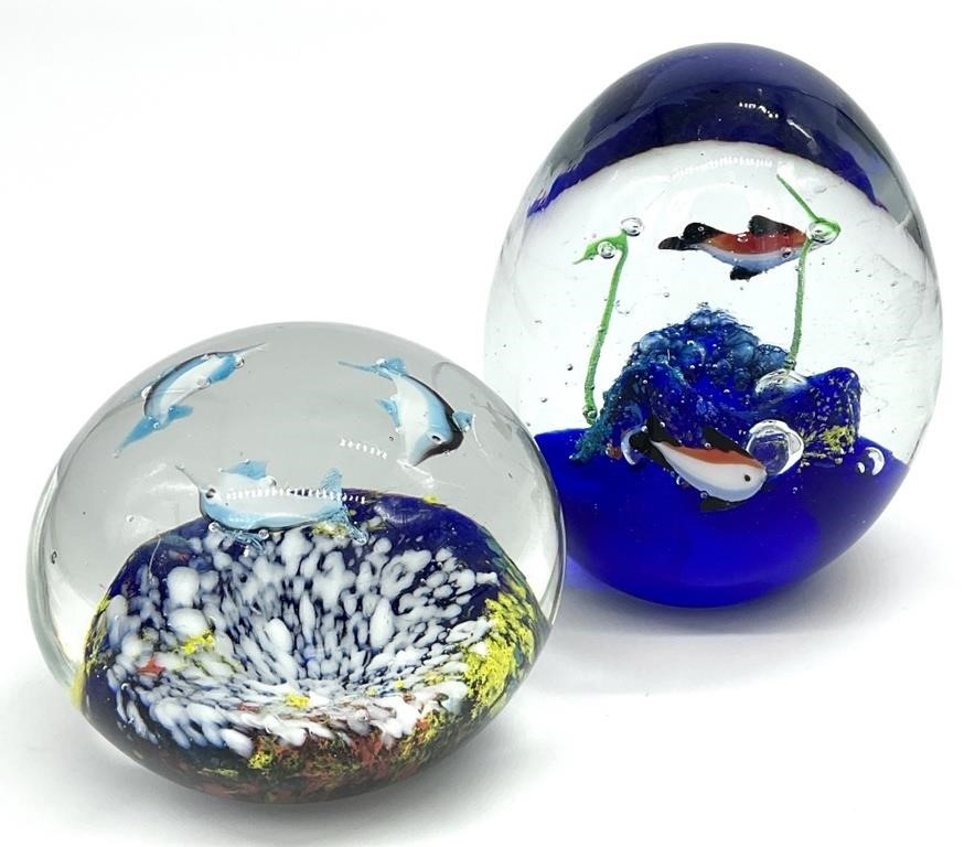 2 Aquarium Art Glass Paperweights