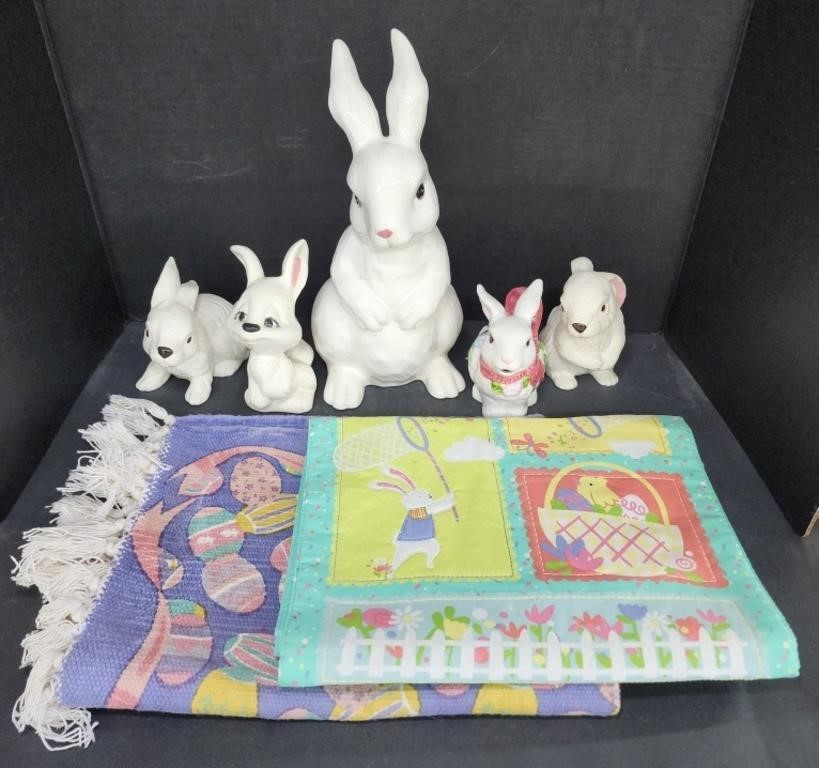 (X) Lot of Ceramic Rabbits, Easter Rug & Runner