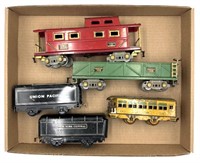(5) Tin Litho O Gauge Train Cars, Assorted Brand