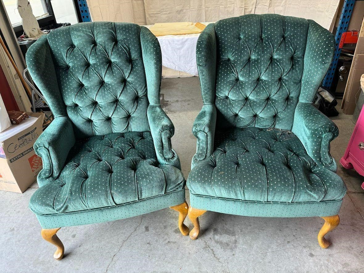 Pair of Green Chairs, 1 Has Fabric Damage in Photo
