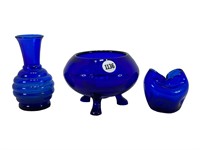 3 Vintage Blue Art Glass Vases