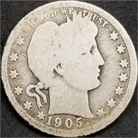 1905-P Barber Silver Quarter, Tougher Date