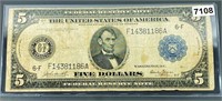1914 US $5 Blue Seal Bill ABOUT UNCIRCULATED
