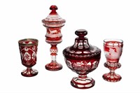 FOUR PIECES OF BOHEMIAN RUBY GLASS