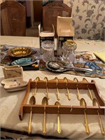 floating candles, gold spoon rack, misc items