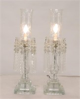 Pair Etched Glass Lamps w/Prisms