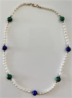 NICE PEARL, MALACHITE & LAPIS NECKLACE W STERLING