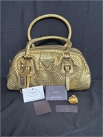 Prada Gold Woven Leather Bowler Bag