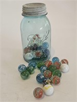 VTG BLUE BALL ZINC LID JAR-3/4 FULL OF VTG BOULDER