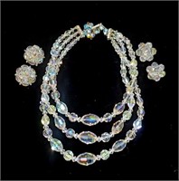 Vintage Aurora Glass Bead Necklace & Earrings