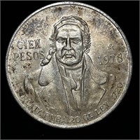 NEAR UNC 1978 72% SILVER MEXICAN CIEN PESOS COIN