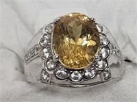 RING MARKED 925 SILVER YELLOW STONE