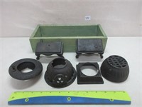 CAST IRON MINIATURE STOVE PARTS + WOODEN BOX