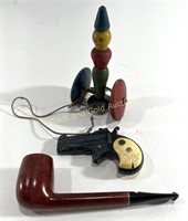 Vintage Wood Wheelie Toy, Pipe, & Derringer Toy