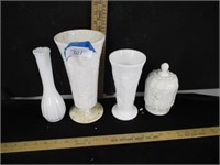 3- Milk glass vases-1 Milk glass candy dish