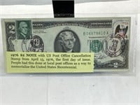 Currency-1976 Two Dollar Bill with First day of
