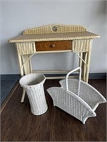 3 wicker pieces- yellow desk with wood t
