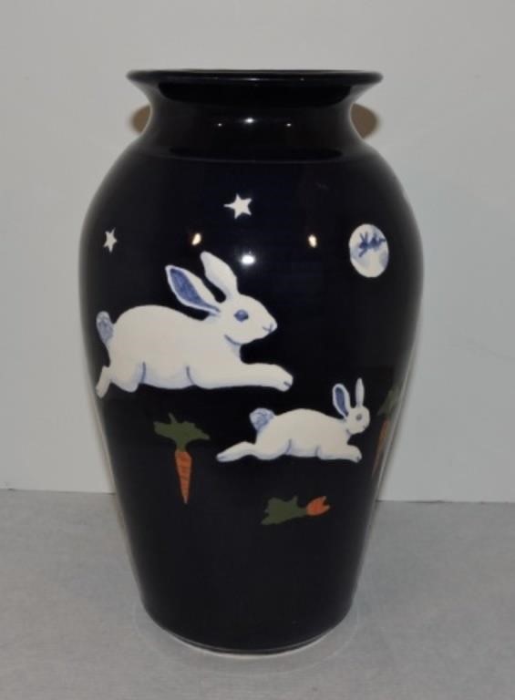 Stoneware vase with rabbits, 11"