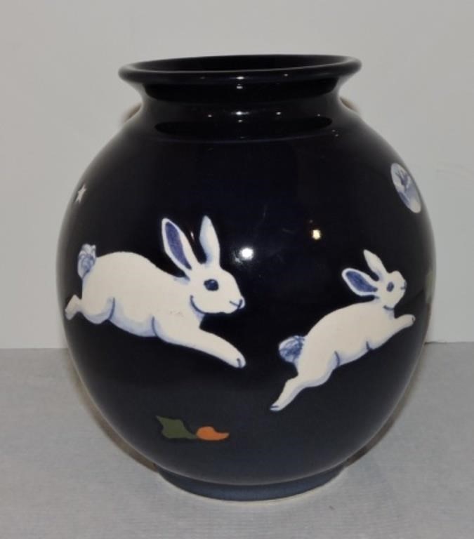 Stoneware vase with rabbits, 7 1/2"