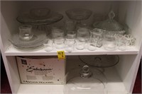 2 Shelves of Pattern Glass & Cake Stand