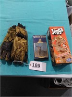 Jenga Game, Whitetail Hunter VHS, Gloves - As is