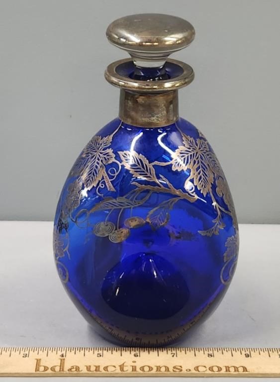Sterling Silver Overlay & Blue Glass Pinch Bottle