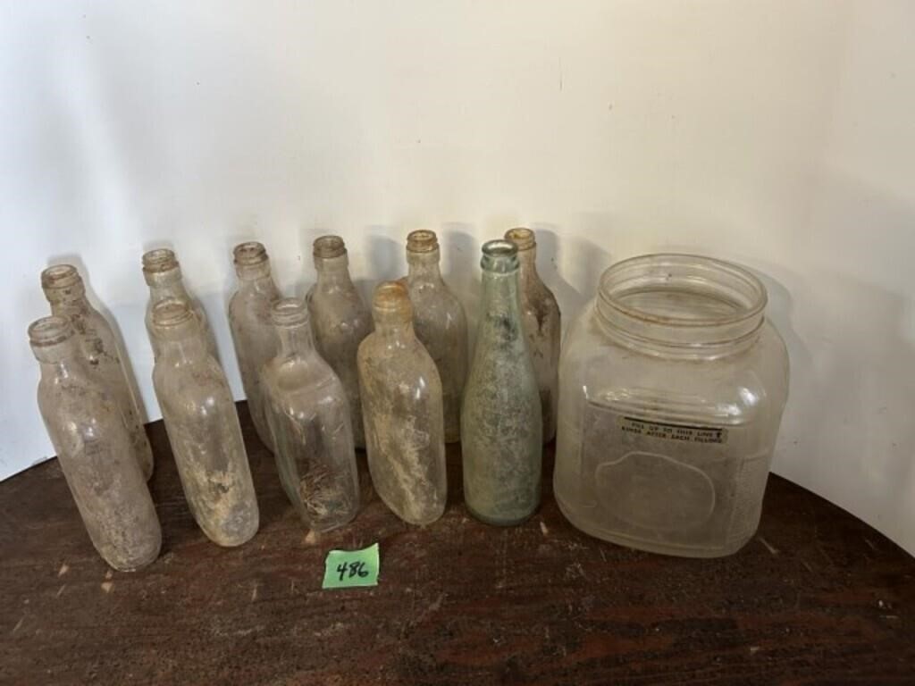 Whiskey bottles (10) & lg jar & soda bottle