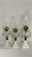 (3) vintage oil lamps w/ milk glass bottoms