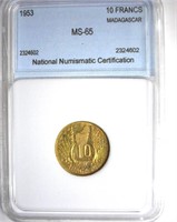 1953 10 Francs NNC MS65 Madagascar
