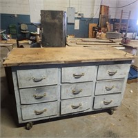 Vintage Industrial table on casters w/nine drawers