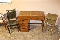 Lot of 3 - Wooden Desk, Chair & Stand
