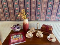 Antique Book Stack, Floral Tea Cups & Saucers
