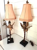 PAIR OF BUFFET LAMPS, GOLD TONE, LEAF,BAMBOO FLARE