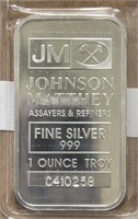 Silver Bar Johnson Matthey .999 1 Troy OZ