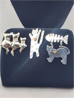 (3) Sterling Silver Cat Brooches- 925 Mexico