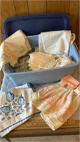 Tote of Fancy Work Scarfs,, Lace Tablecloths