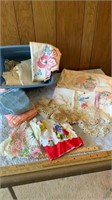 Small Tote of Embroidered Scarfs, Doiles, Lace