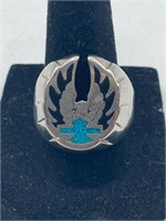Silver Tone Harley Ring With Turquoise Inlay